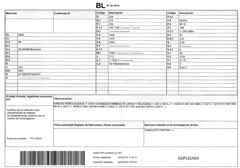 Ficha técnica del vehículo